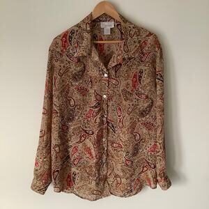 Jordan Womens Paisley Polyester Sheer Long Sleeve Collared Button Blouse Size XL